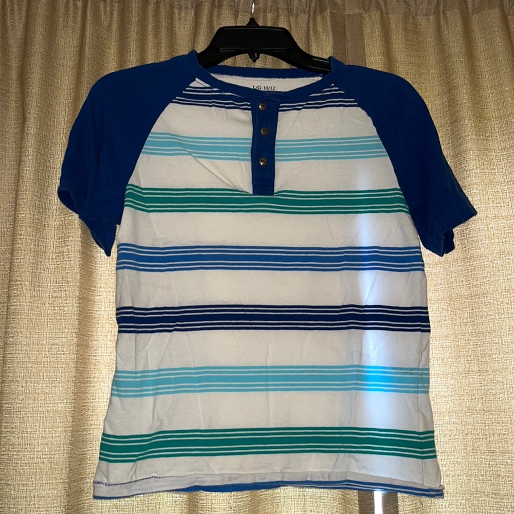 Boys 10/12 Large Place Blue and White Striped Shirt with buttons
